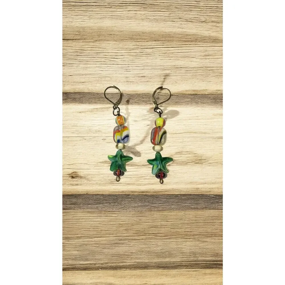 Art Glass Star Dangle Earrings Multicolor Lampwork Beaded Whimsical Artisan